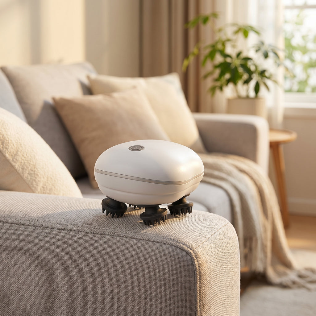 ScalpZen scalp massager on a sofa armrest in a cozy living room