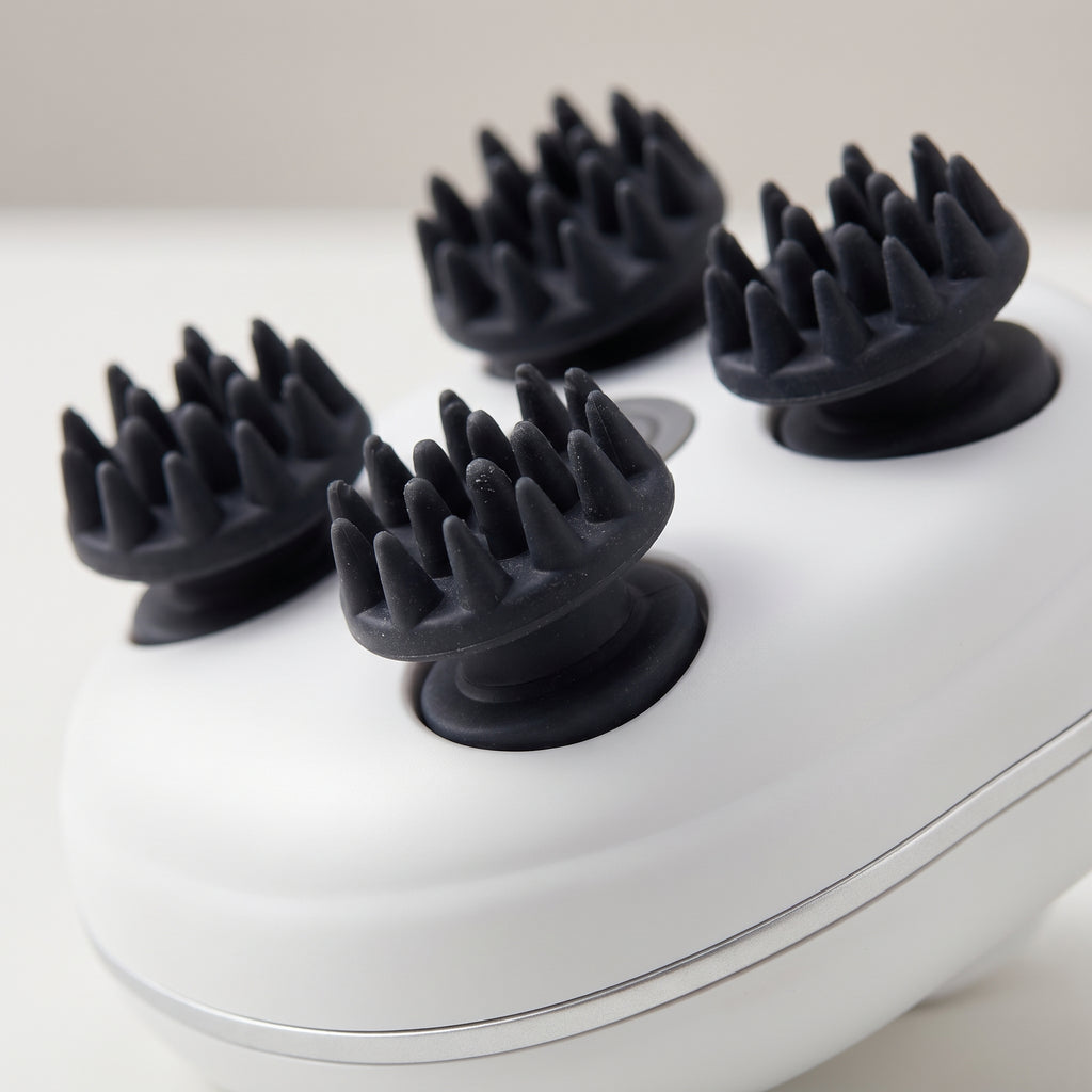 Close-up of ScalpZen rotating massage heads with flexible silicone tips