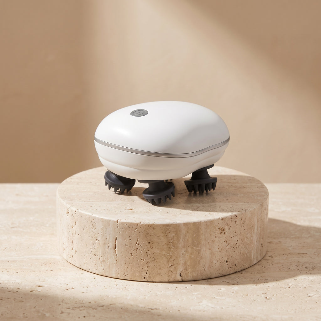 ScalpZen electric scalp massager in white on a travertine pedestal