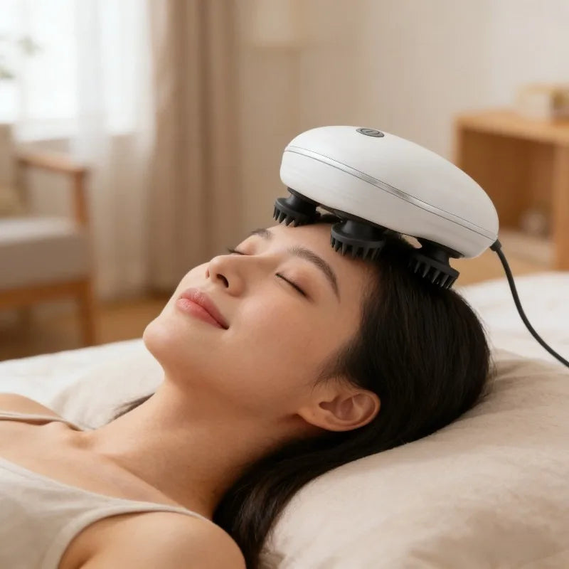 ScalpZen electric head massager in use while relaxing on a bed