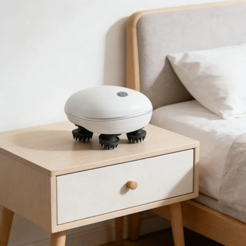 ScalpZen scalp massager on a wooden nightstand beside a bed