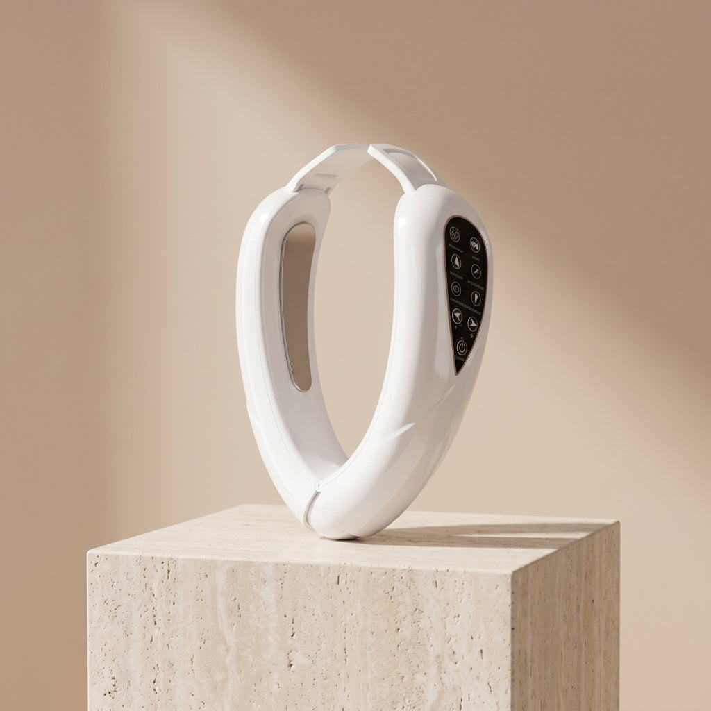 SculptZen face sculpting device in white on a travertine pedestal
