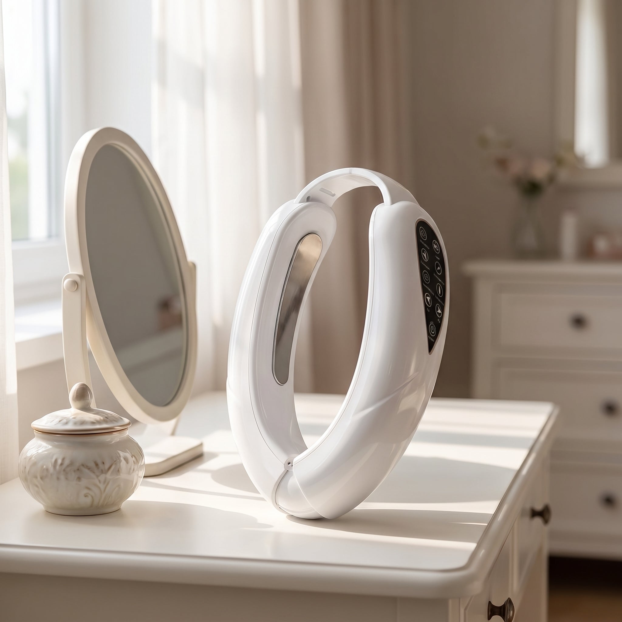 SculptZen V-line device on a bright vanity table beside a mirror