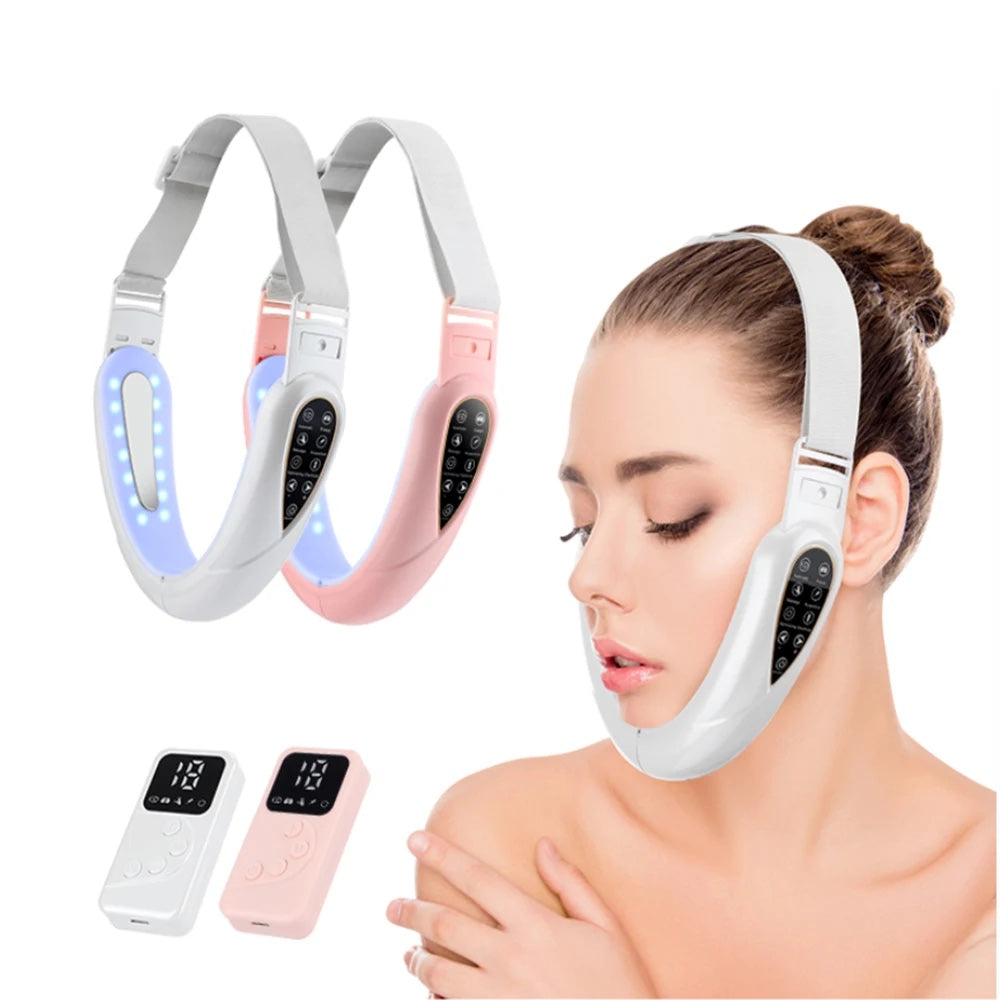 SculptZen device in white and pink with head straps and remotes