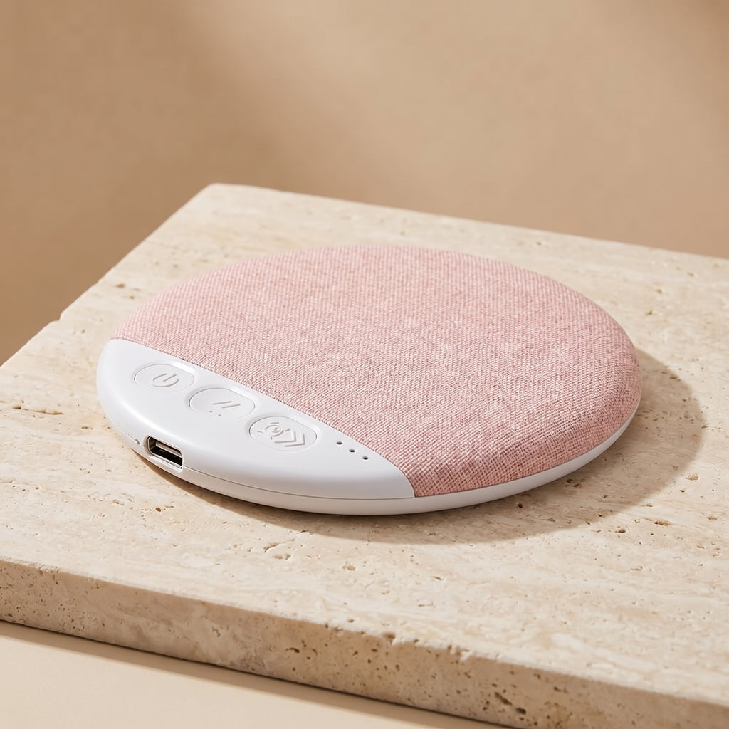 SnoozeZen under-pillow speaker in blush pink on travertine pedestal