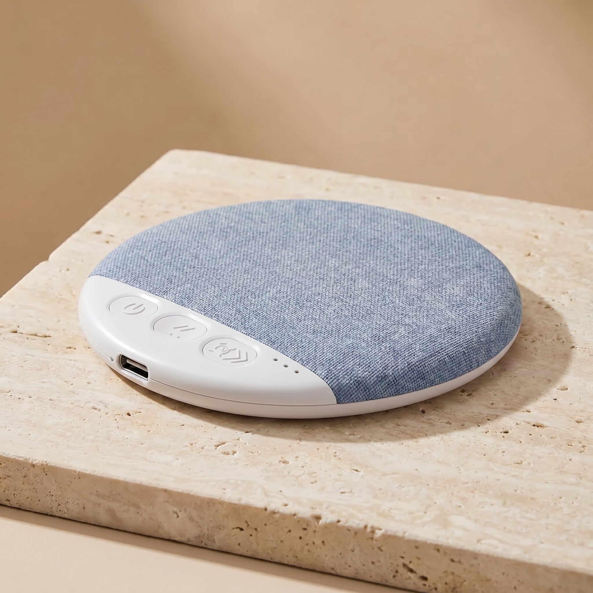 SnoozeZen sleep speaker in denim blue on light travertine surface