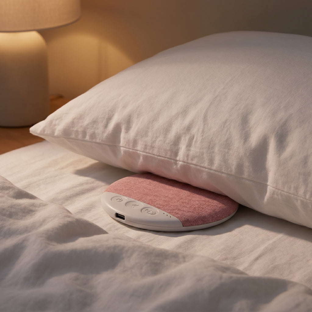 SnoozeZen pink speaker tucked under a white pillow on linen bedding
