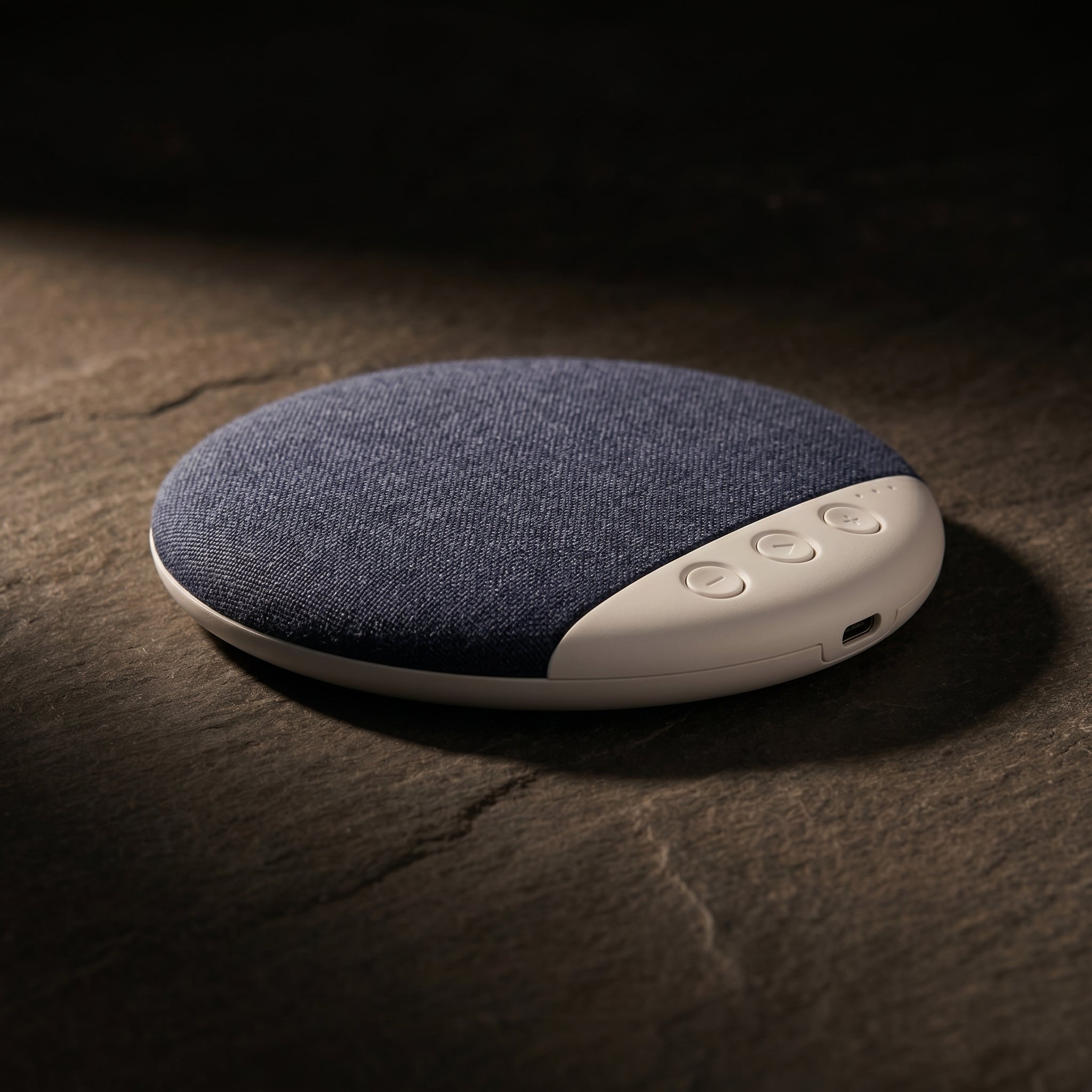 SnoozeZen blue speaker on dark charcoal surface with dramatic evening lighting