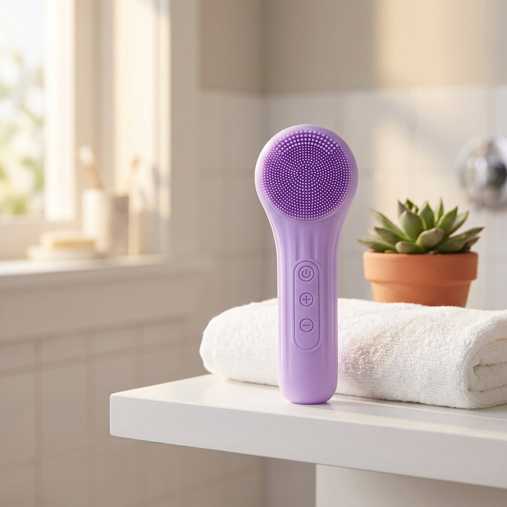 SonicZen brush standing on a white bathroom shelf with a folded towel