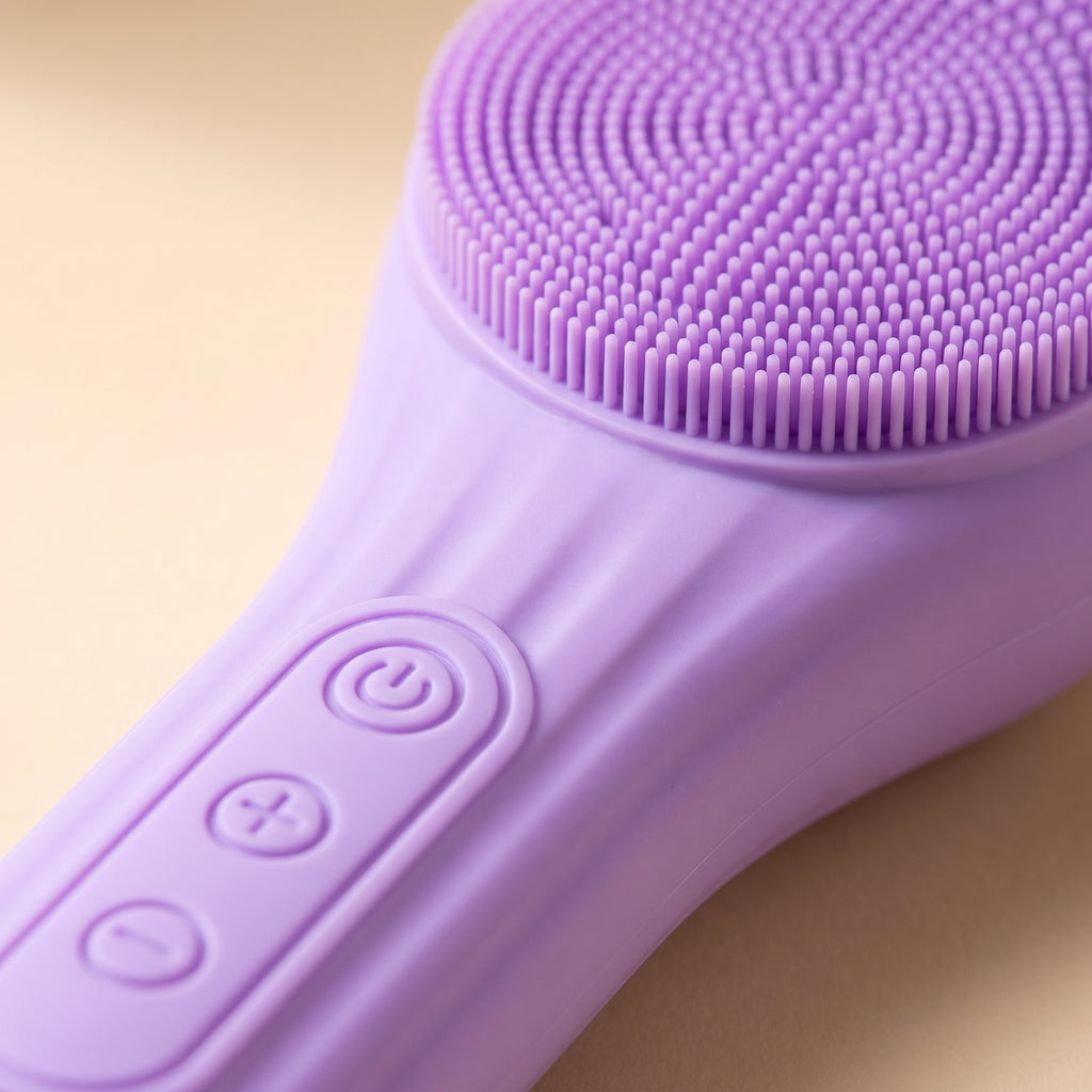 Close-up of SonicZen silicone bristle head and round control buttons