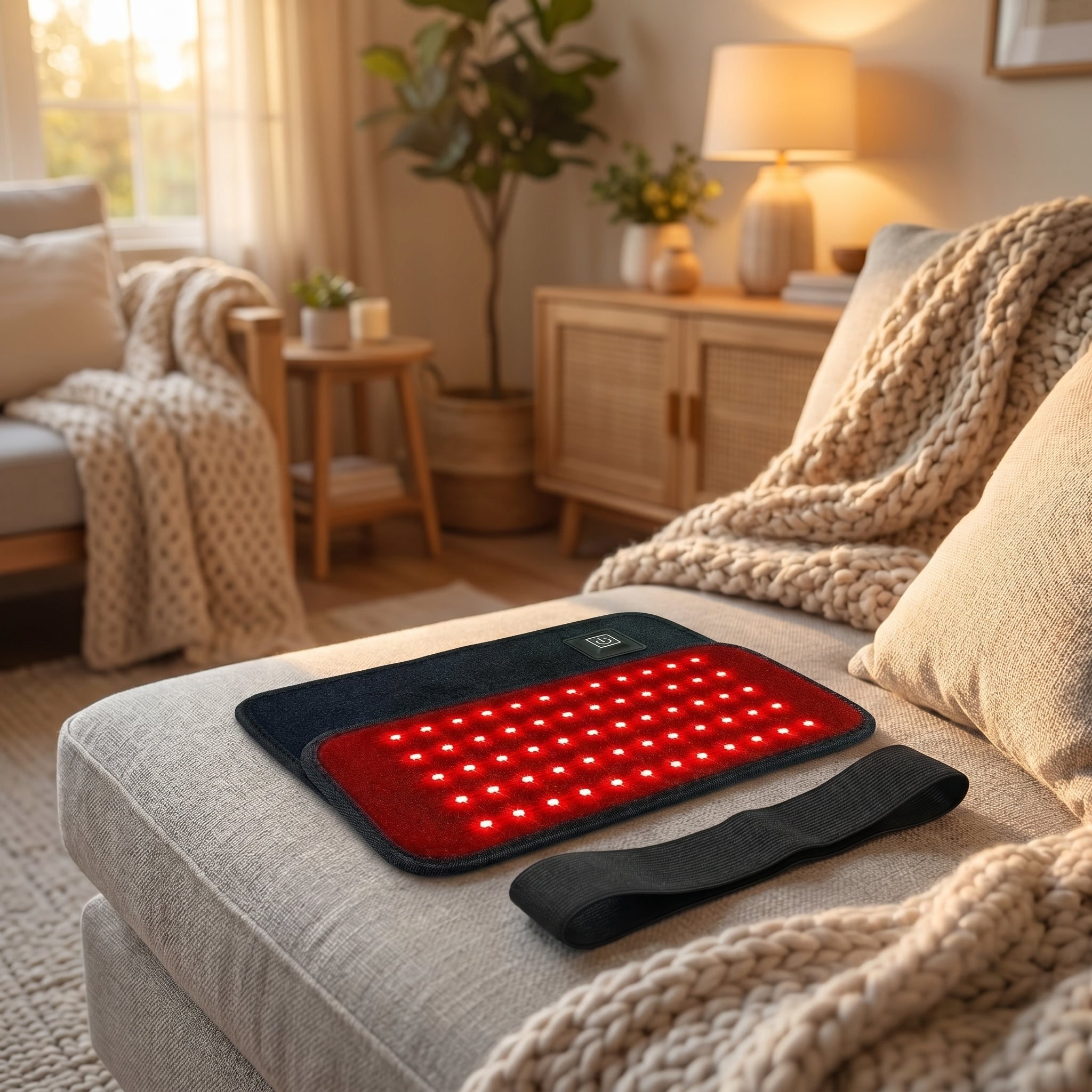 ThermaZen belt pad resting on a sofa cushion at home