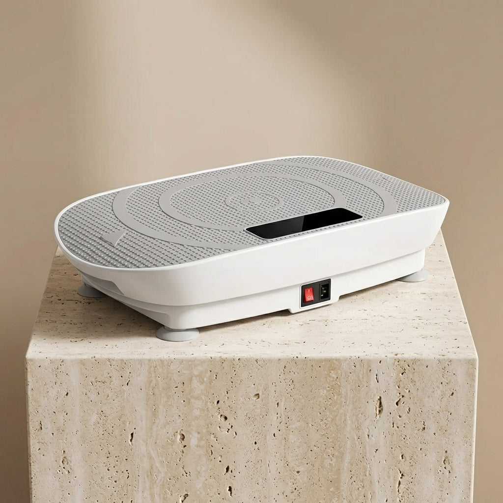 VibeZen compact vibration plate on travertine pedestal warm studio light