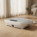VibeZen vibration platform on wood floor in calm home living room