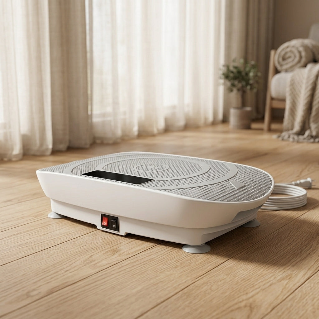 VibeZen vibration platform on wood floor in calm home living room