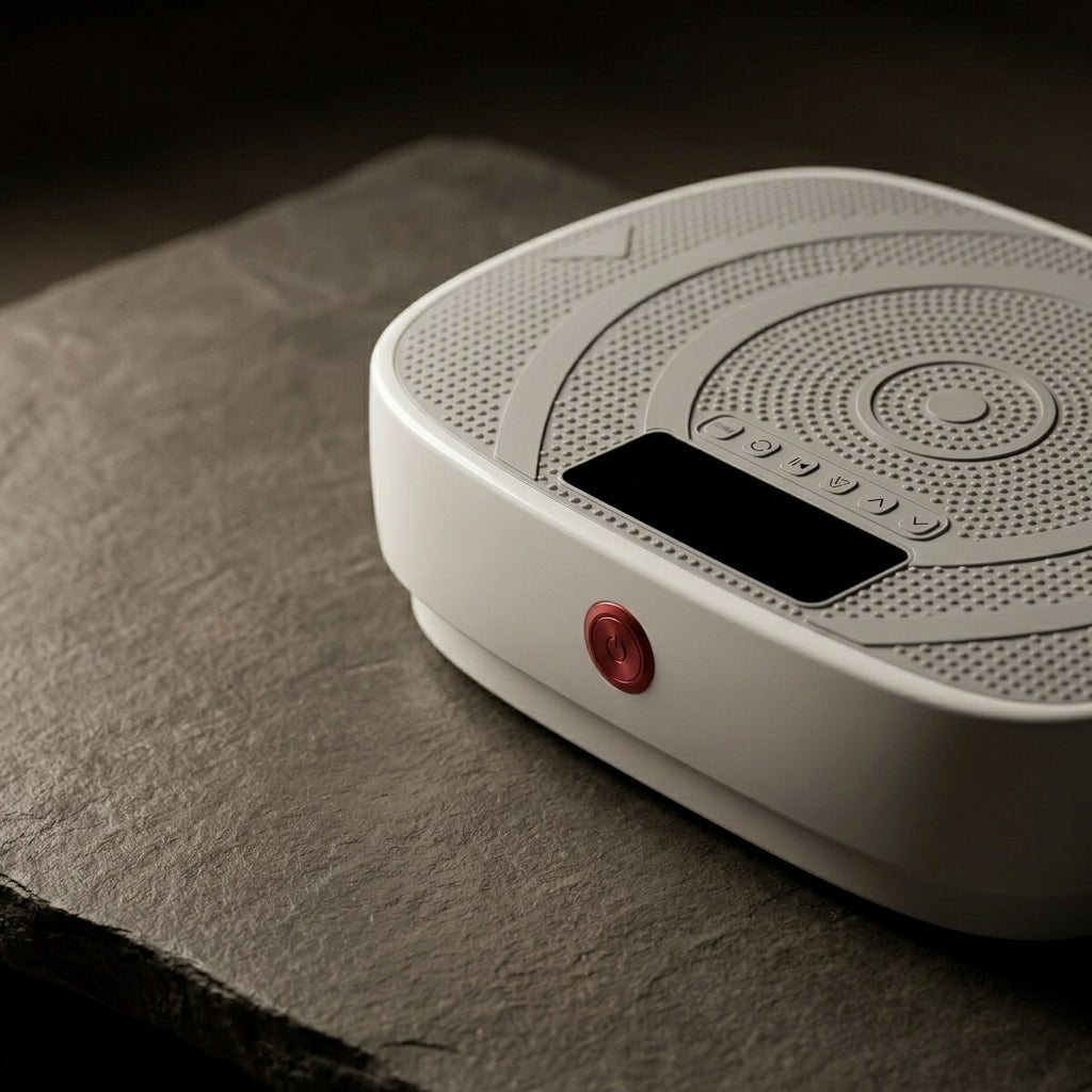 VibeZen vibration plate on dark gray stone with dramatic side lighting