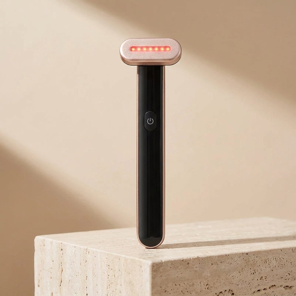 WandZen red light face wand upright on travertine pedestal warm beige studio