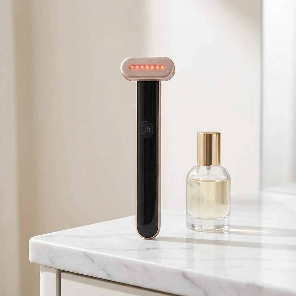 WandZen face wand on white marble vanity surface beside small glass bottle