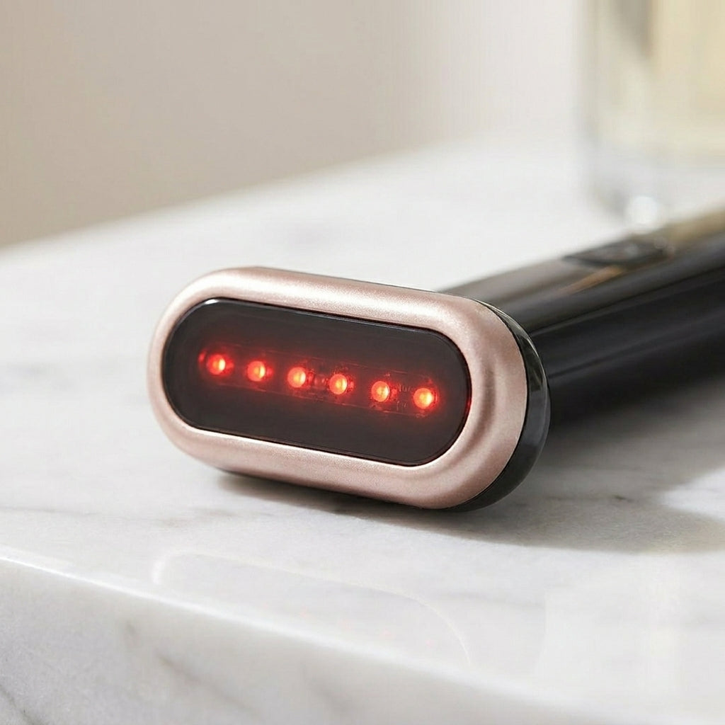 Close-up macro of WandZen oval LED tip with red dots and rose-gold accent