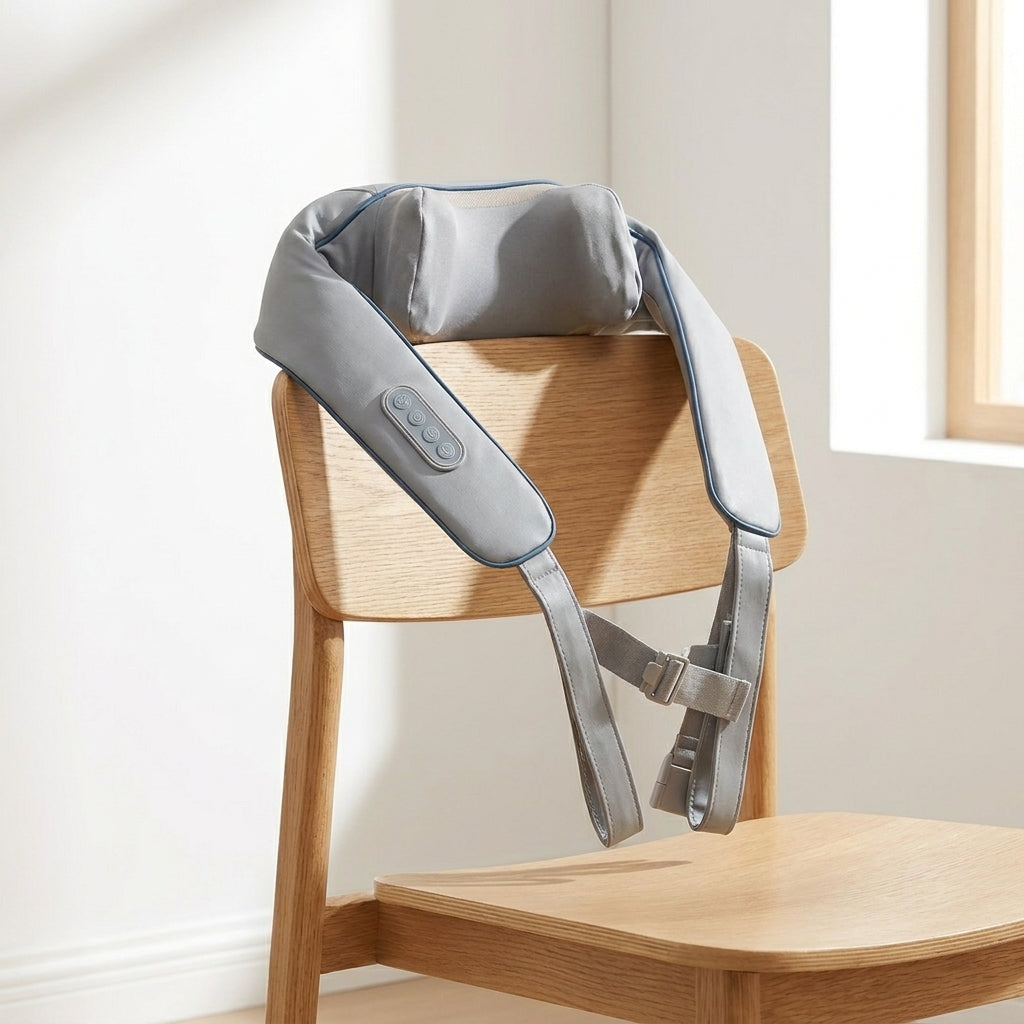 WrapZen neck and shoulder wrap draped over the back of a light oak chair