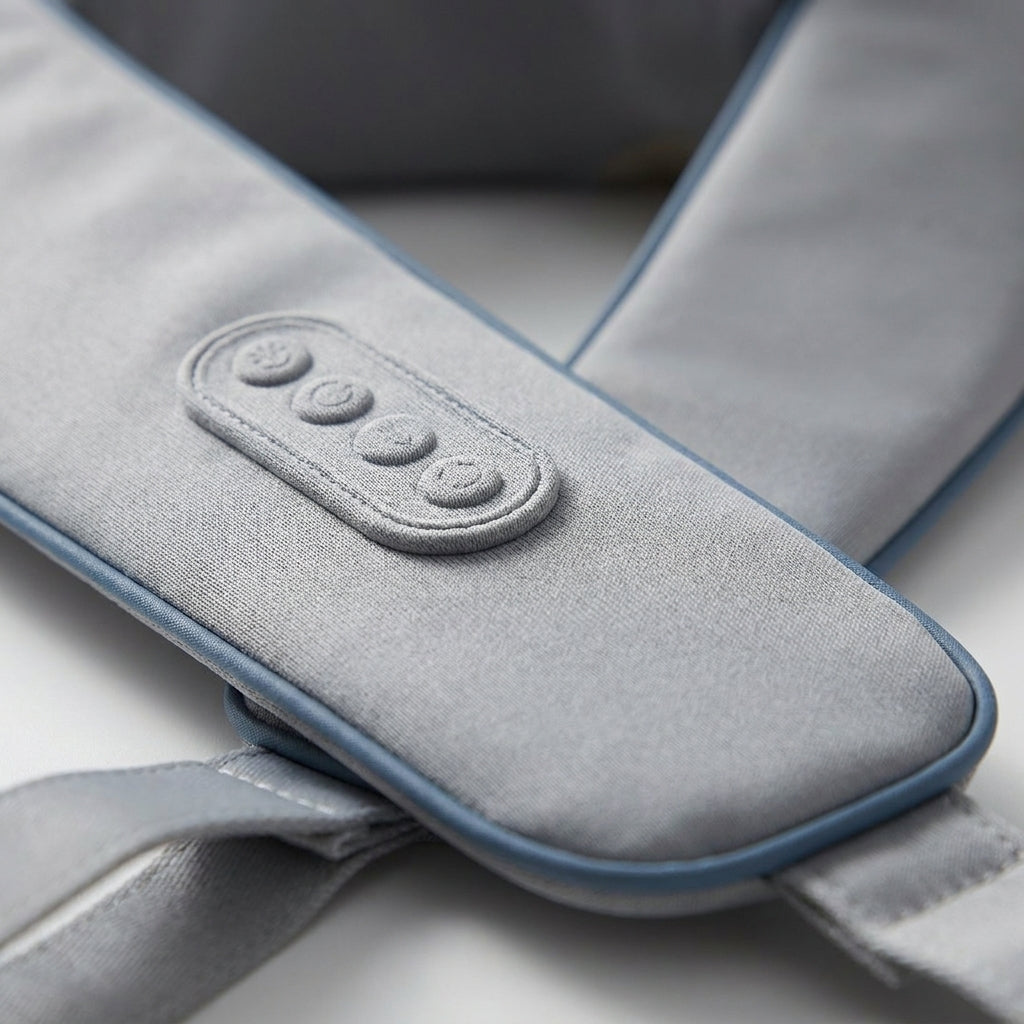 Close-up of WrapZen control panel buttons on soft gray fabric with blue trim